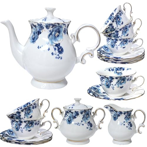 21-Piece Bone China Tea Set for Adults, Blue and White Porcelain Tea Set for 6, Vintage Floral Te... | Amazon (US)