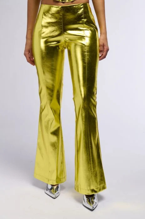 NEED YOU TONIGHT METALLIC FAUX LEATHER FLARED PANT IN GREEN | AKIRA