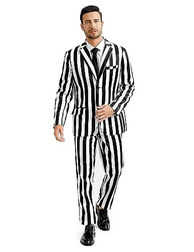 Fashonal Mens Black and White Striped Suits Halloween Costume, Two Button Jacket Pants Set with Tie, Black and White Striped Size L | Amazon (US)
