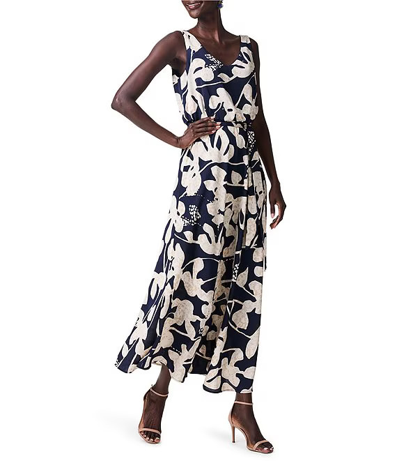 Water Lilies Print Woven Bianca V-Neck Sleeveless Belted Maxi Dress | Dillard's