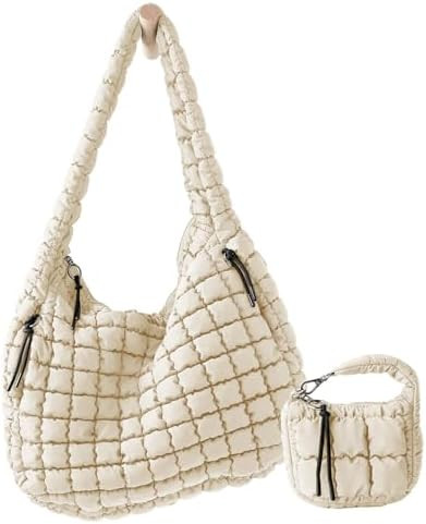 Large Quilted Puffer Tote Bag for Women with Mini Pouch Puffy Crossbody Bags Purse Hobo Puff Shou... | Amazon (US)