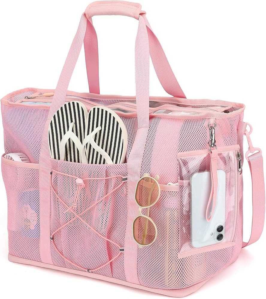 PIG PIG GIRL Mesh Beach Bag, Foldable Extra Large Beach Bags with Zipper Pool Bag with Portable P... | Amazon (US)
