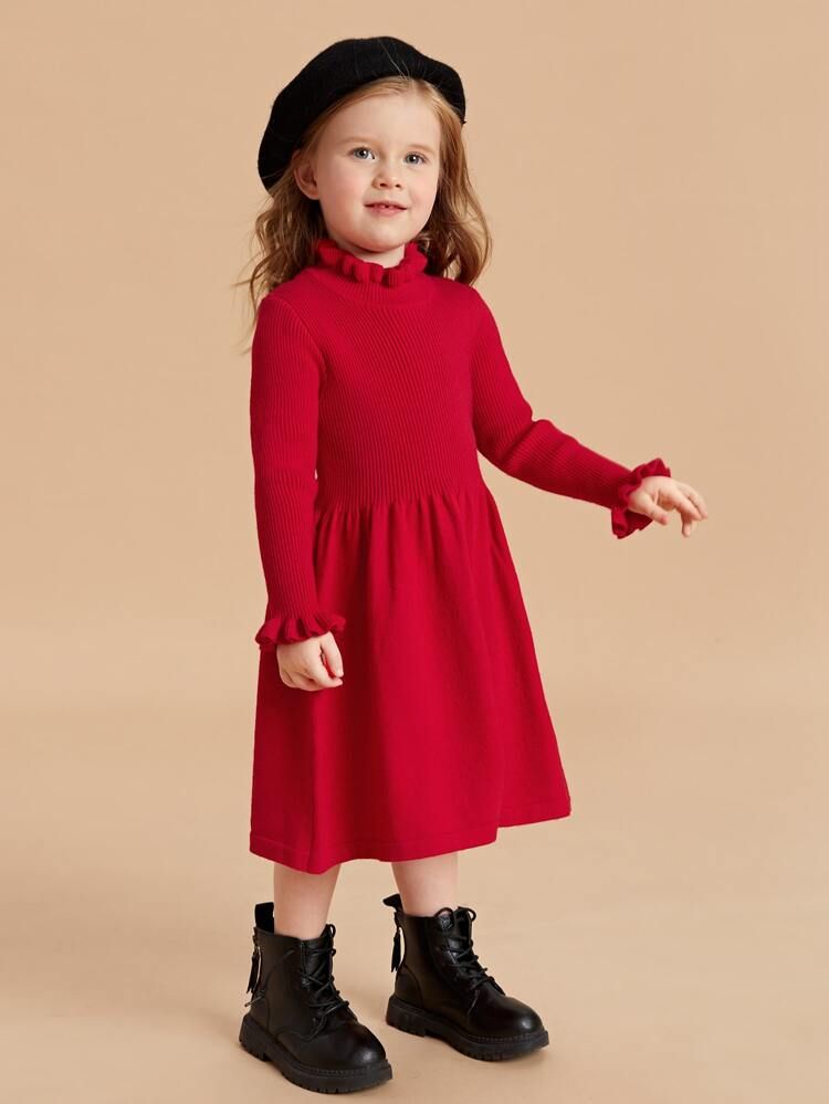 SHEIN Toddler Girls Ruffle Neck Flounce Sleeve Sweater Dress | SHEIN