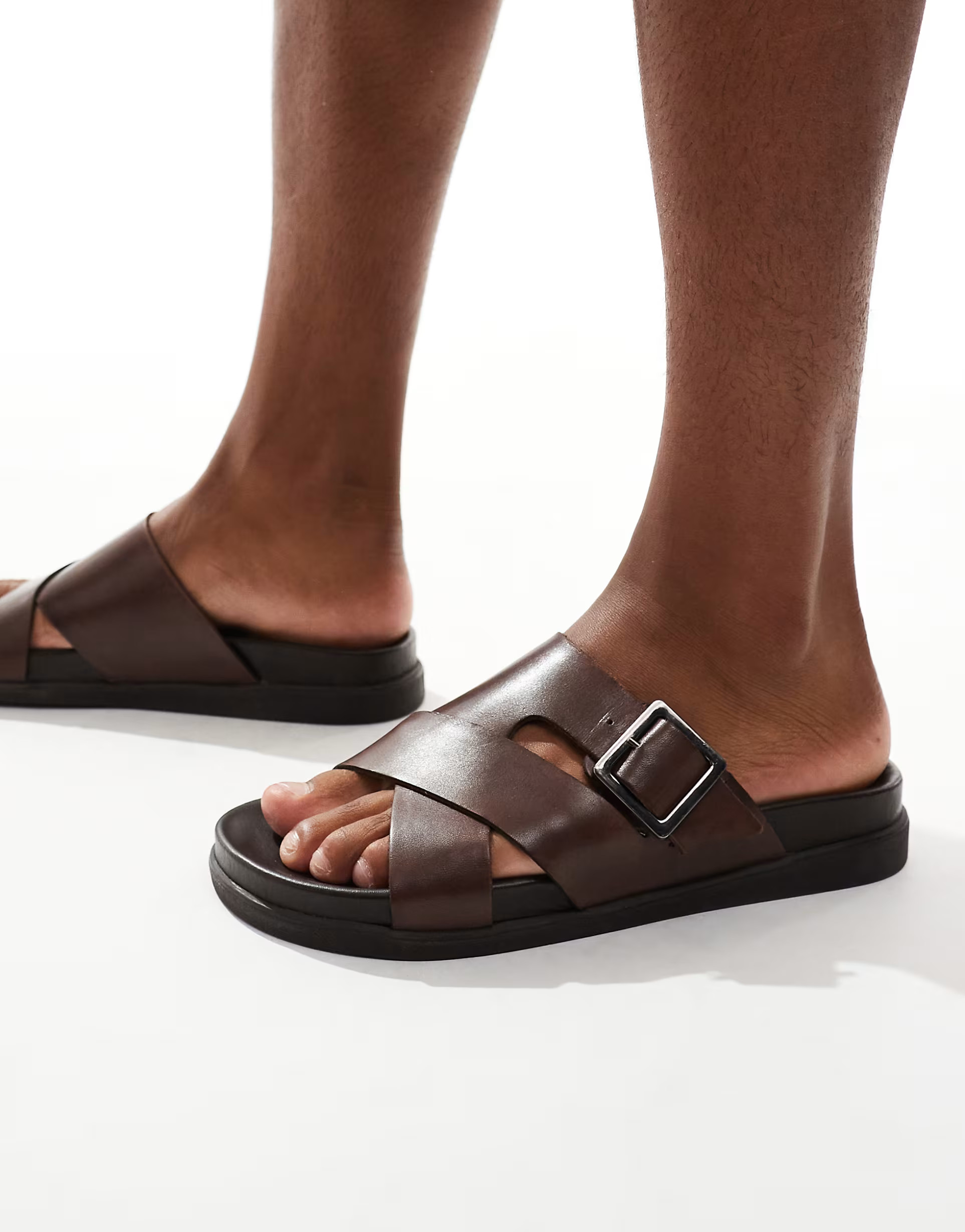 schuh Summit buckle footbed sandals in brown leather | ASOS | ASOS (Global)