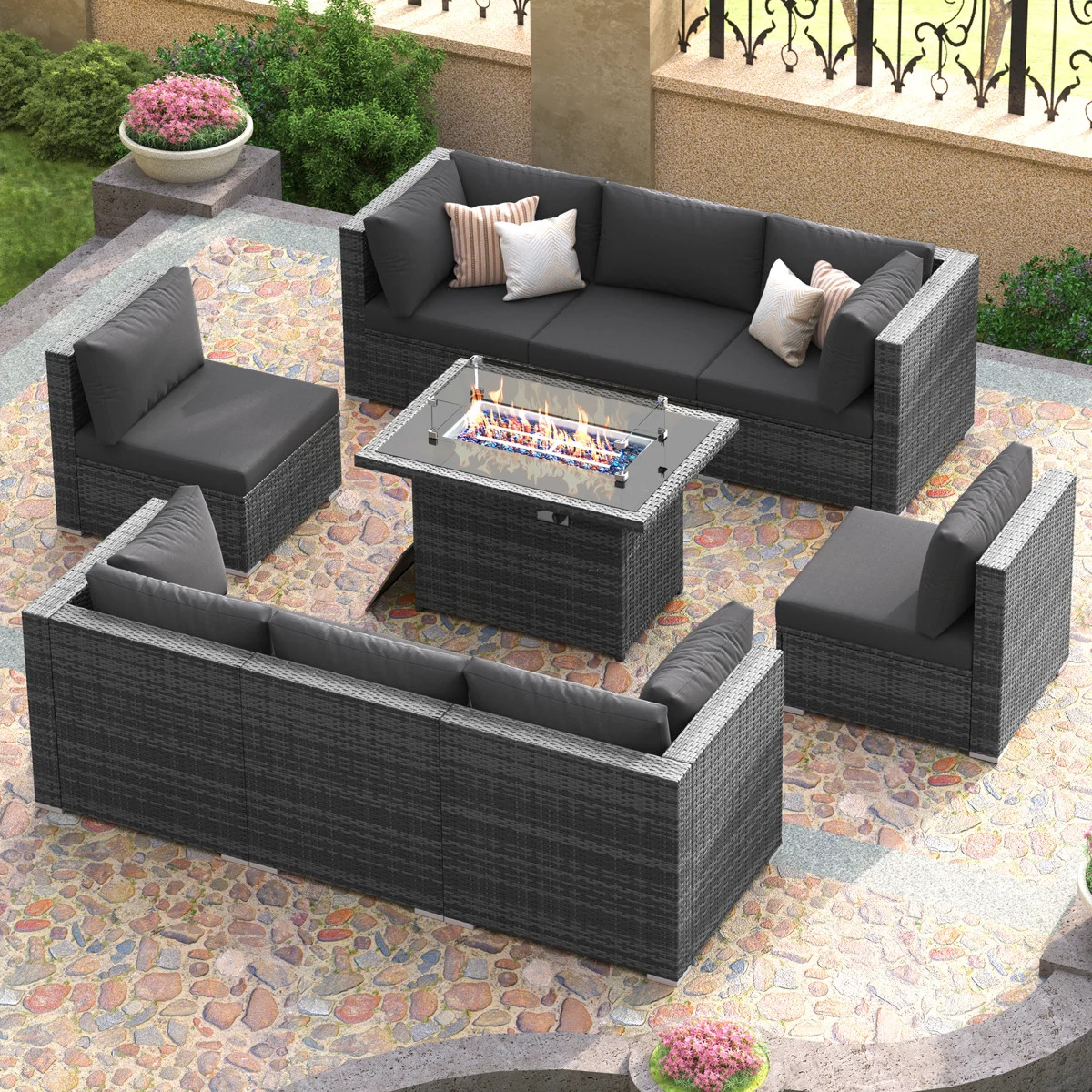 9-Piece PE Wicker Patio Conversation Set with Rectangular Fire Pit Table, Modular Sectional, Dual... | Wayfair North America