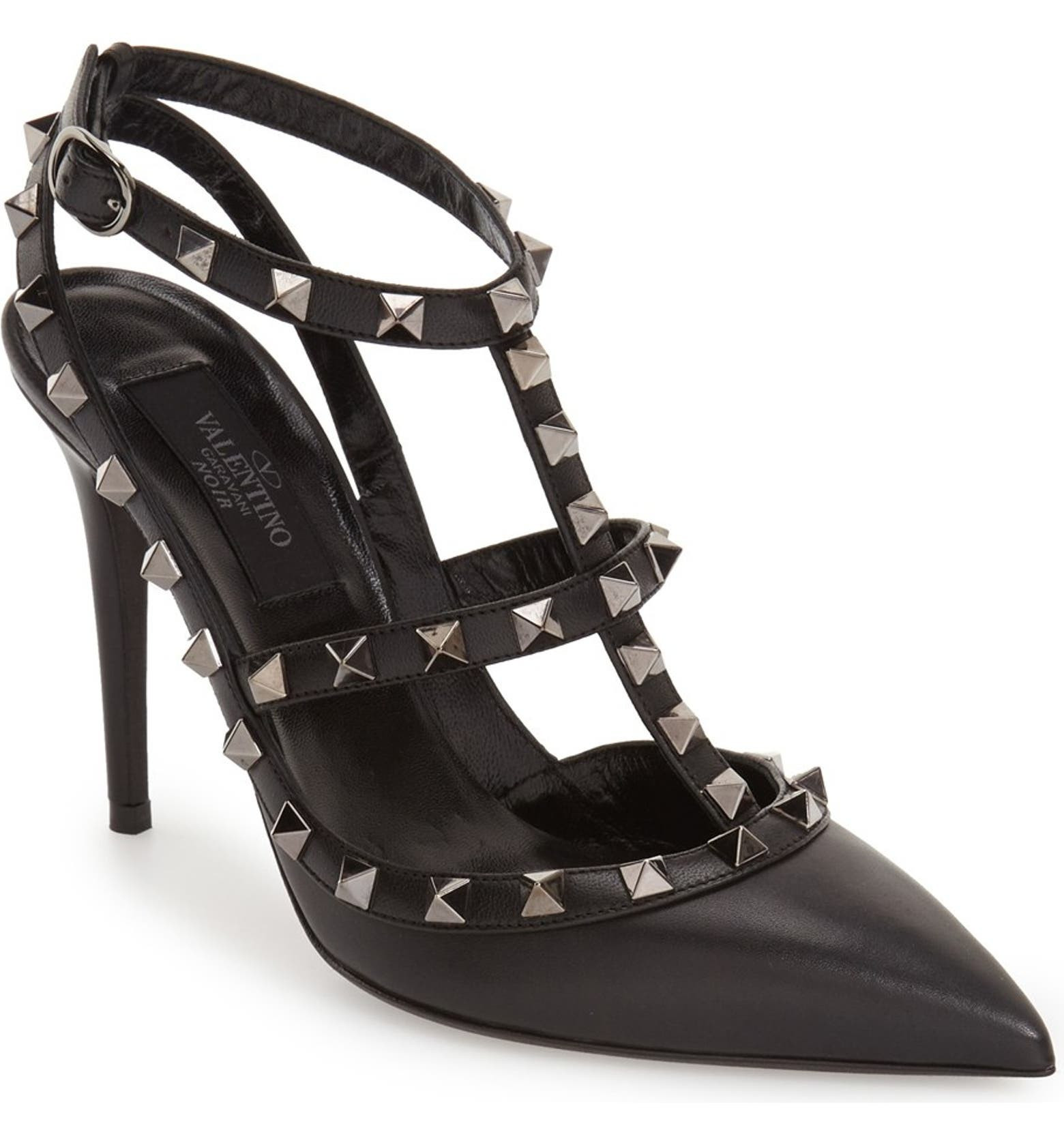 Valentino Garavani Noir Rockstud T-Strap Pointed Toe Pump (Women) | Nordstrom | Nordstrom