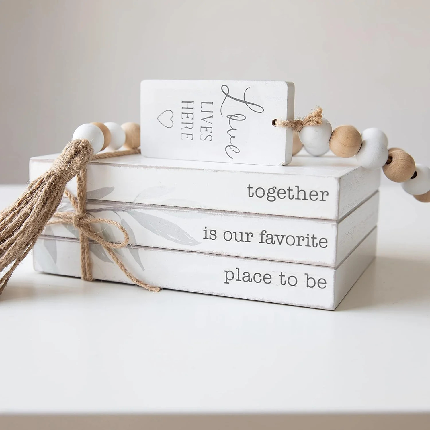 4pcs White Decorative Books Set, Stacked Wood Faux Books with Wood Bead Tassels for Living Room a... | Walmart (US)