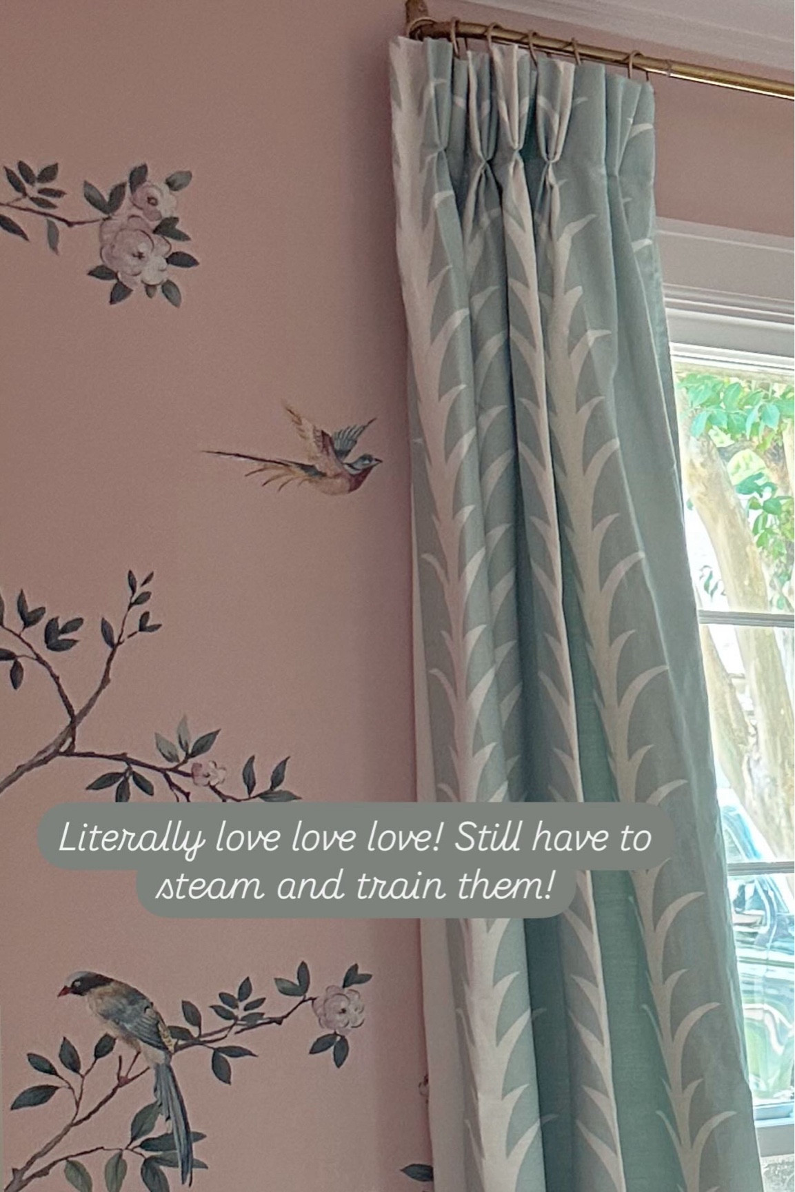 New Schumacher acanthus stripe curtains in sky 