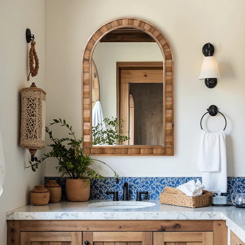 Natural Wood Frame Arch Rectangle Wall Mirror, 35.4” Tall Rustic Home Decor | Wayfair North America