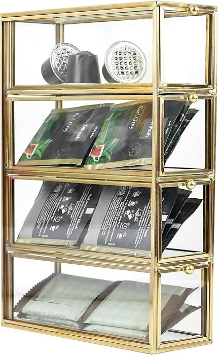 HighFree Gold Glass Coffee Pod Organizer with 4 Drawers, Clear Storage Glass Box for K-Cups, Tea ... | Amazon (US)