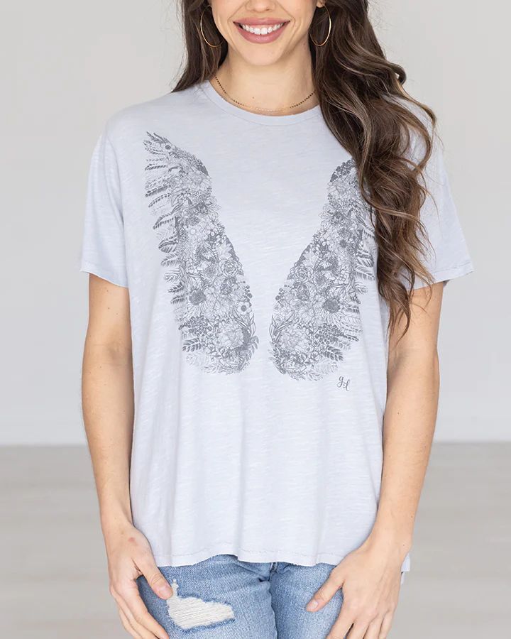 Washed & Worn Graphic Tee - Sketched Wings - Grace and Lace | Grace and Lace