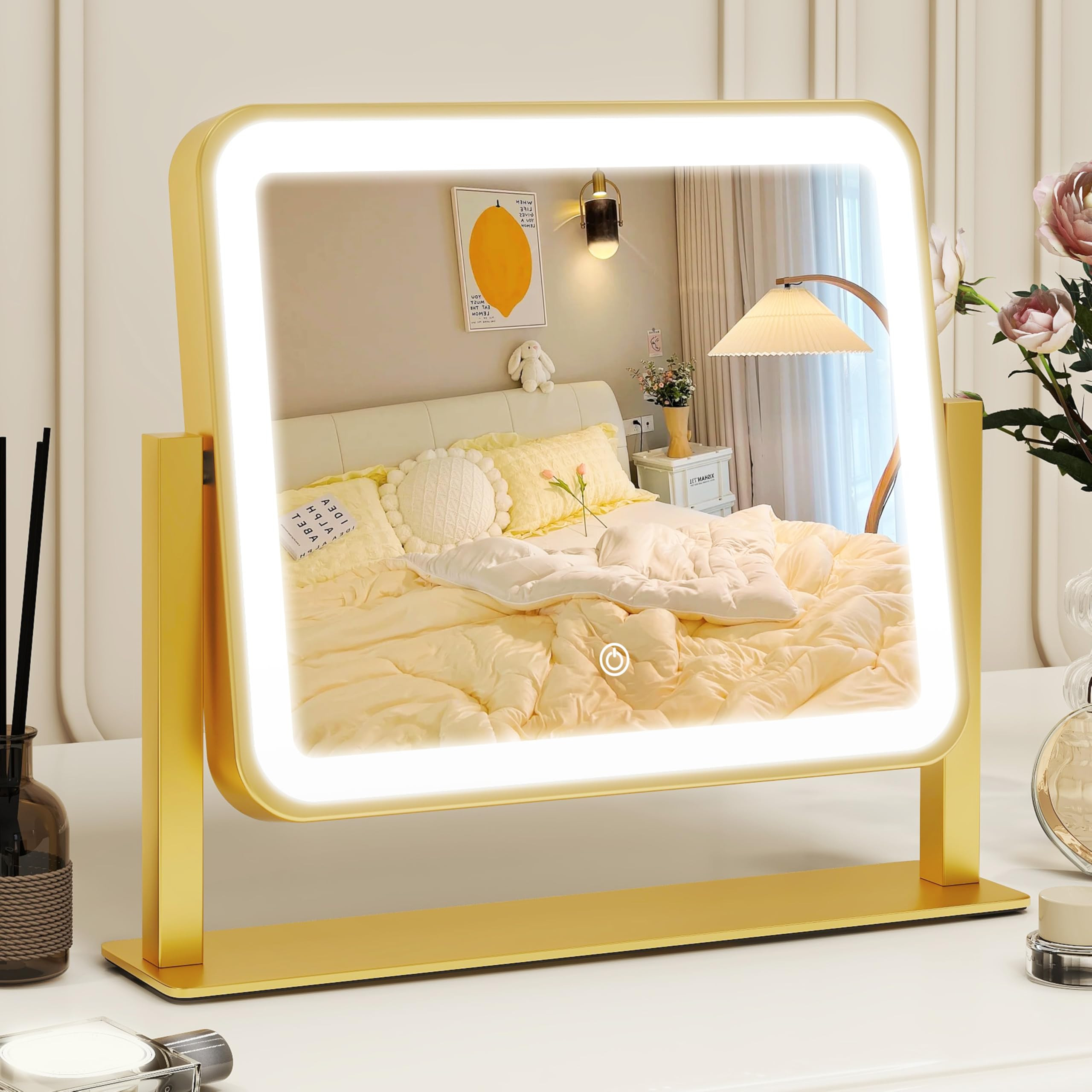ROLOVE Gold Vanity Mirror with Lights, 14"×12" LED Makeup Mirror, Lighted Makeup Mirror with Lig... | Amazon (US)