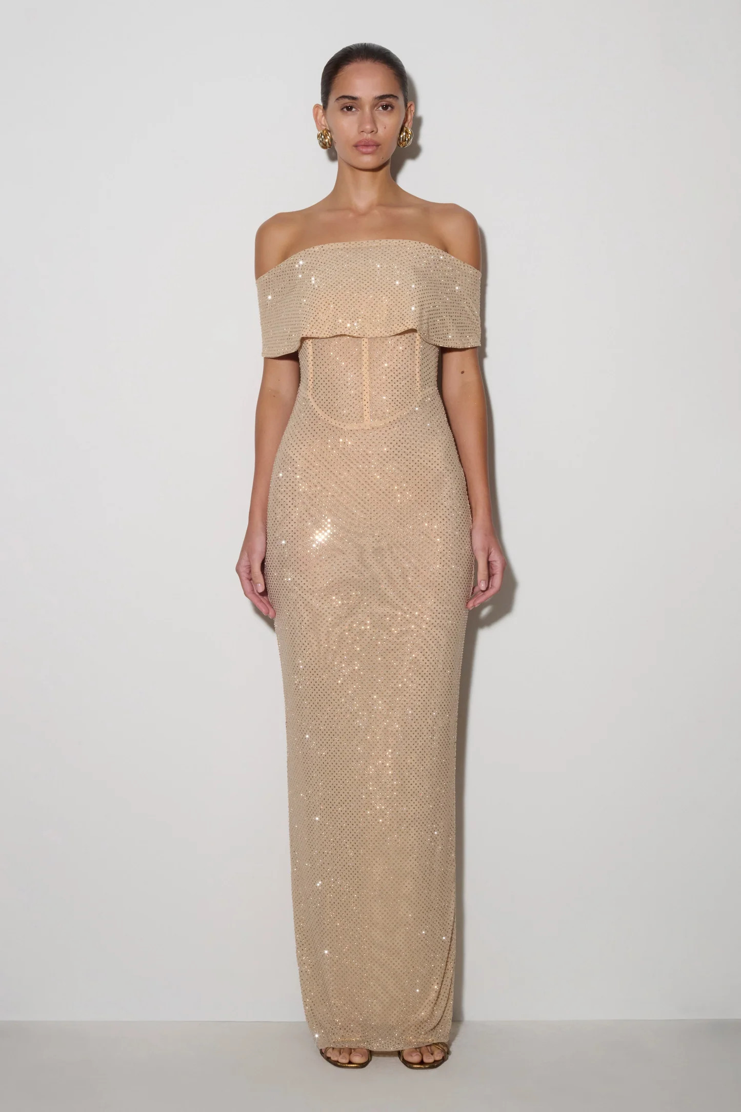 Multi-Wear Cowl Diamante Maxi Dress - Gold | MESHKI US