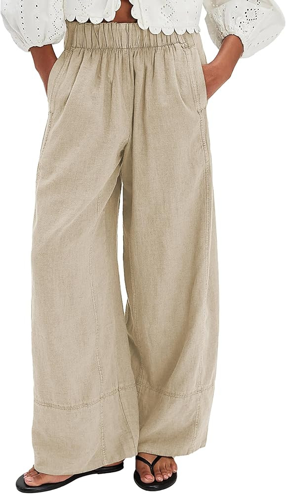 Linen Pants for Women Cotton Elastic Waist Boho Palazzo Wide Leg Pants Beach Vacation Casual Trou... | Amazon (US)