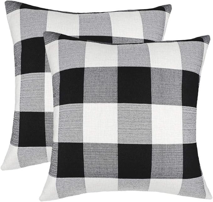 4TH Emotion Set of 2 Farmhouse Buffalo Check Plaid Throw Pillow Covers Cushion Case Cotton Linen ... | Amazon (US)