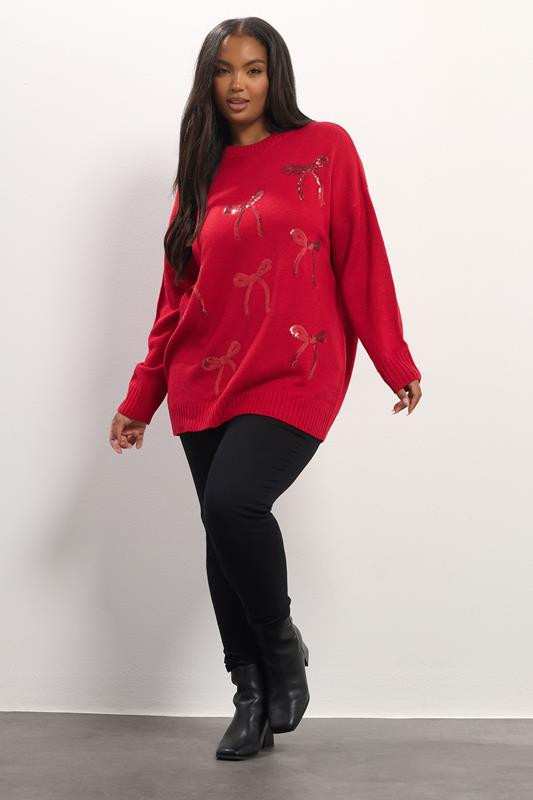 YOURS Plus Size Red Sequin Bow Knitted Jumper | Yours Clothing UK