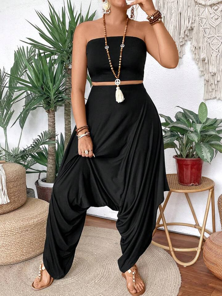 SHEIN VCAY Knitted Strapless Crop Top And Harem Pants Set | SHEIN