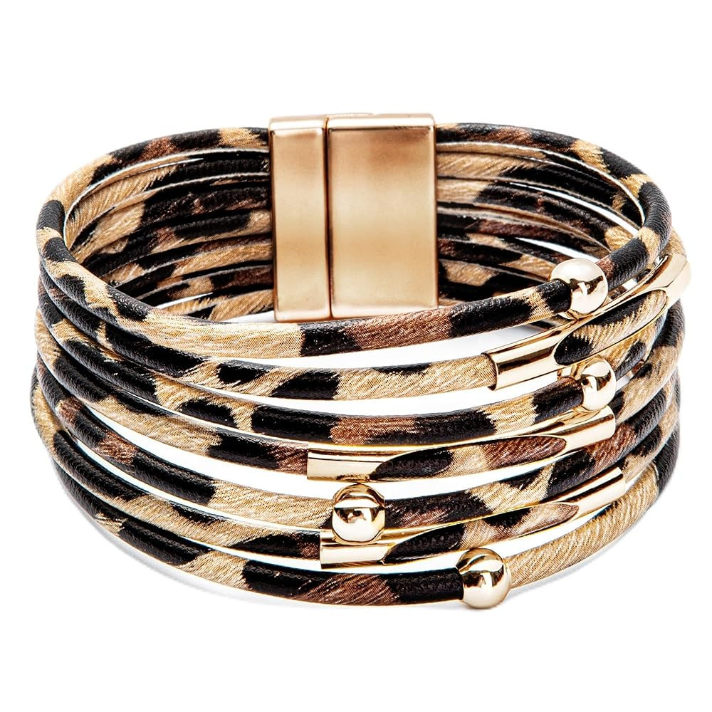 Fesciory Leopard Bracelet for Women, Boho Leather Wrap Multi-Layer Pearl Crystal Bracelet Bangle ... | Amazon (US)