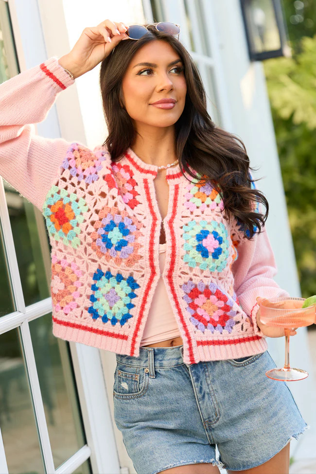 Emmie Pink Crochet Open Cardigan | Pink Lily