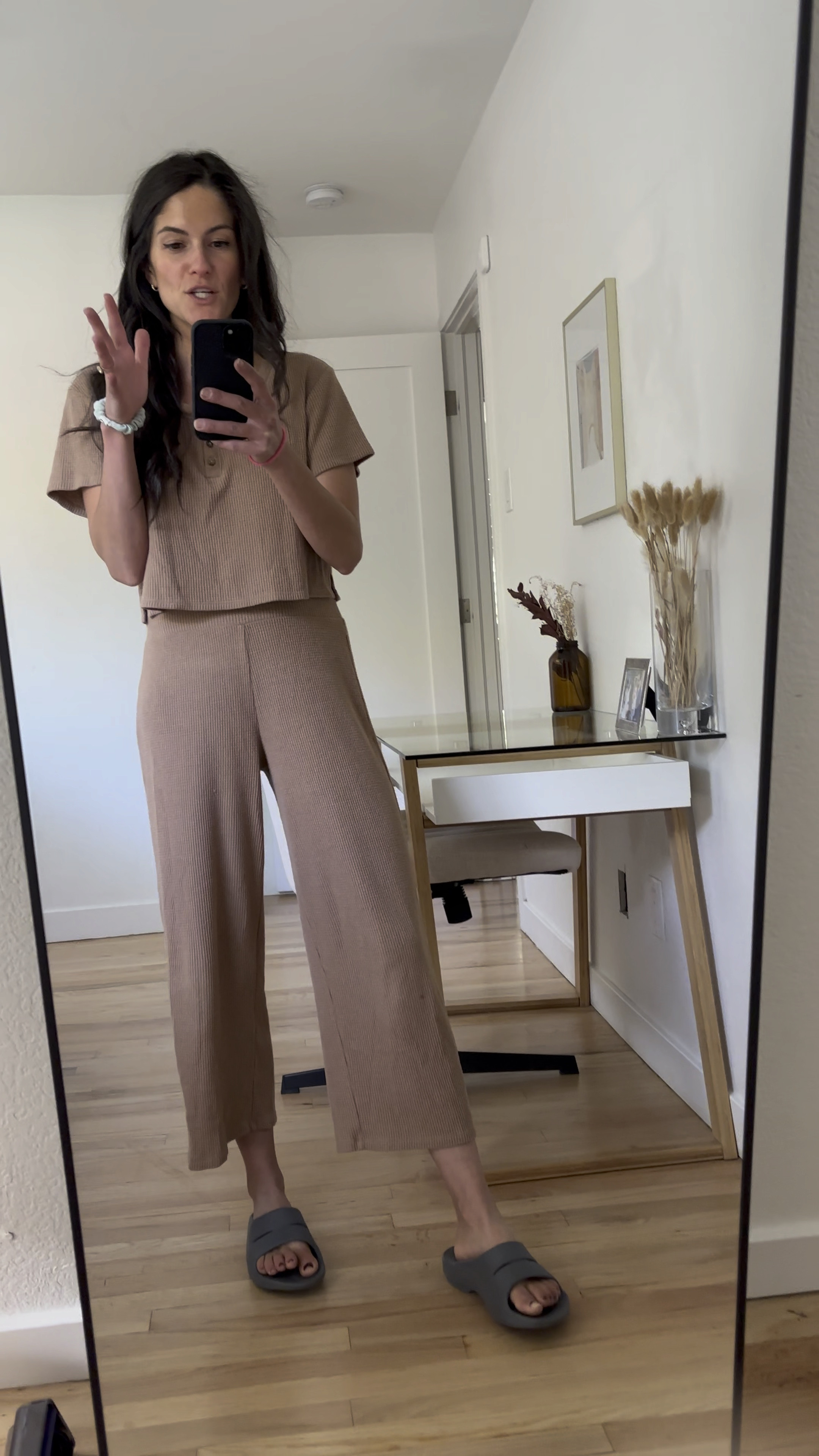 These Oofos slides are THE most comfy and supportive shoe ever. My new go-to house shoe with support to help my back issues!

(Waffle lounge set is Abercrombie but years ago!)