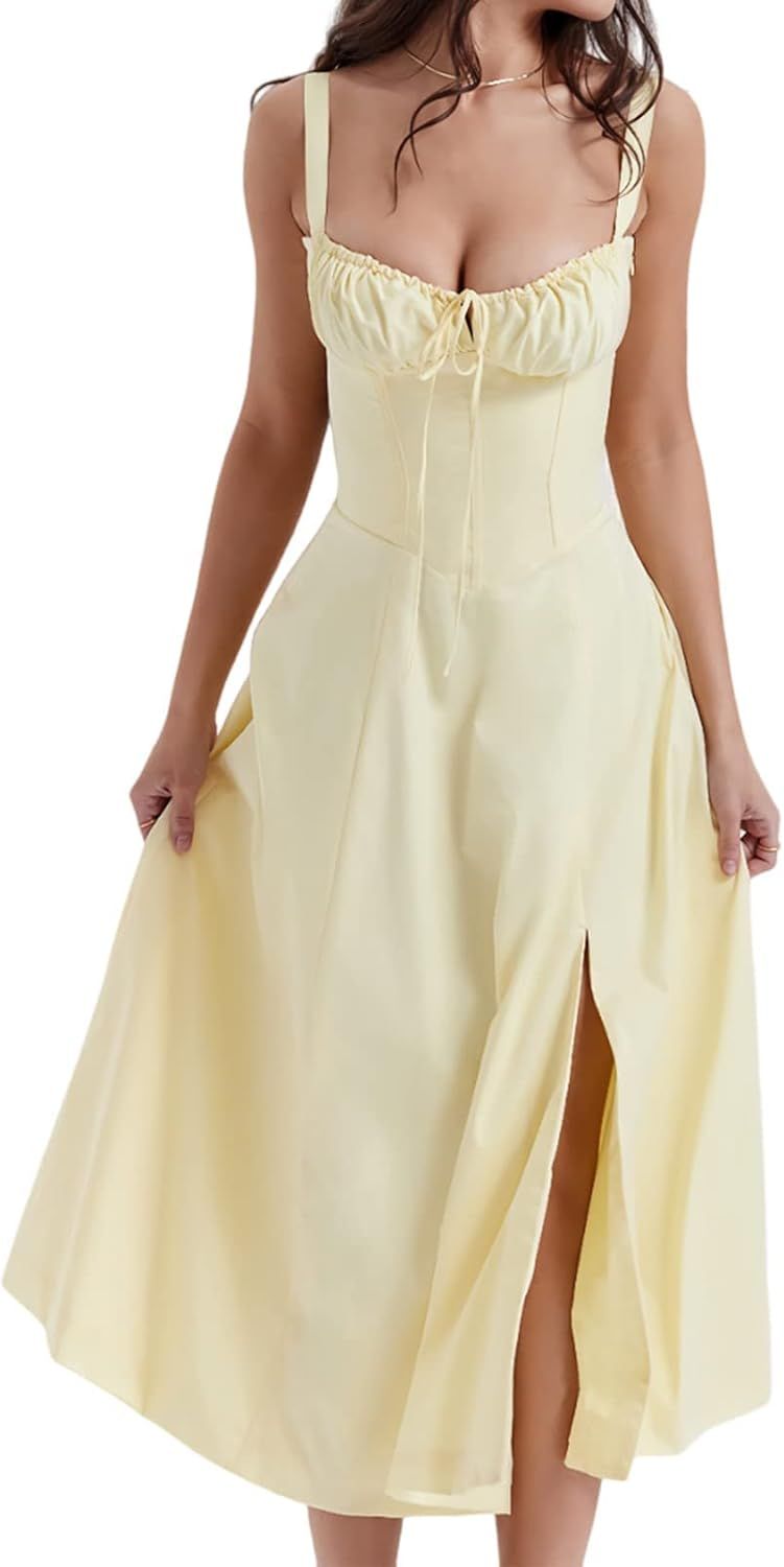 Carmen Print Bustier Sundress, Women's Floral Sexy Slit Long Corset Dress for Women Summer Beach Str | Amazon (US)