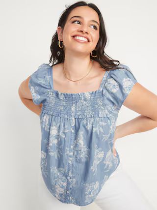 Smocked Square-Neck Floral Light-Wash Jean Top for Women | Old Navy (US)