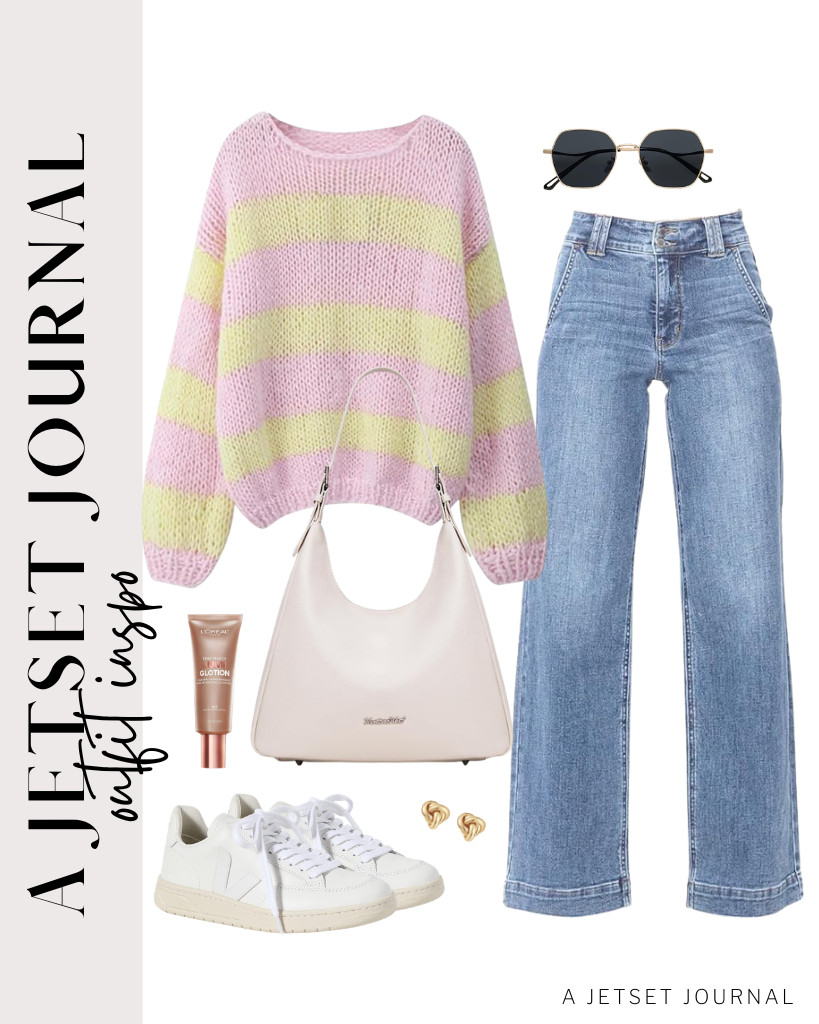 For the next look, combine this pink-and-yellow striped sweatshirt with denim pants and Veja sneakers. A Montana West bag and SOJOS retro hexagon sunglasses perfectly complete this outfit. 

 #LTKSeasonal #LTKSaleAlert #LTKTravel