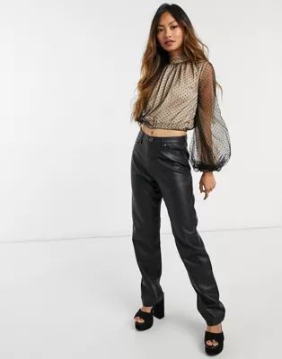 Forever U high neck gathered polka dot mesh blouse with balloon sleeves in black | ASOS (Global)