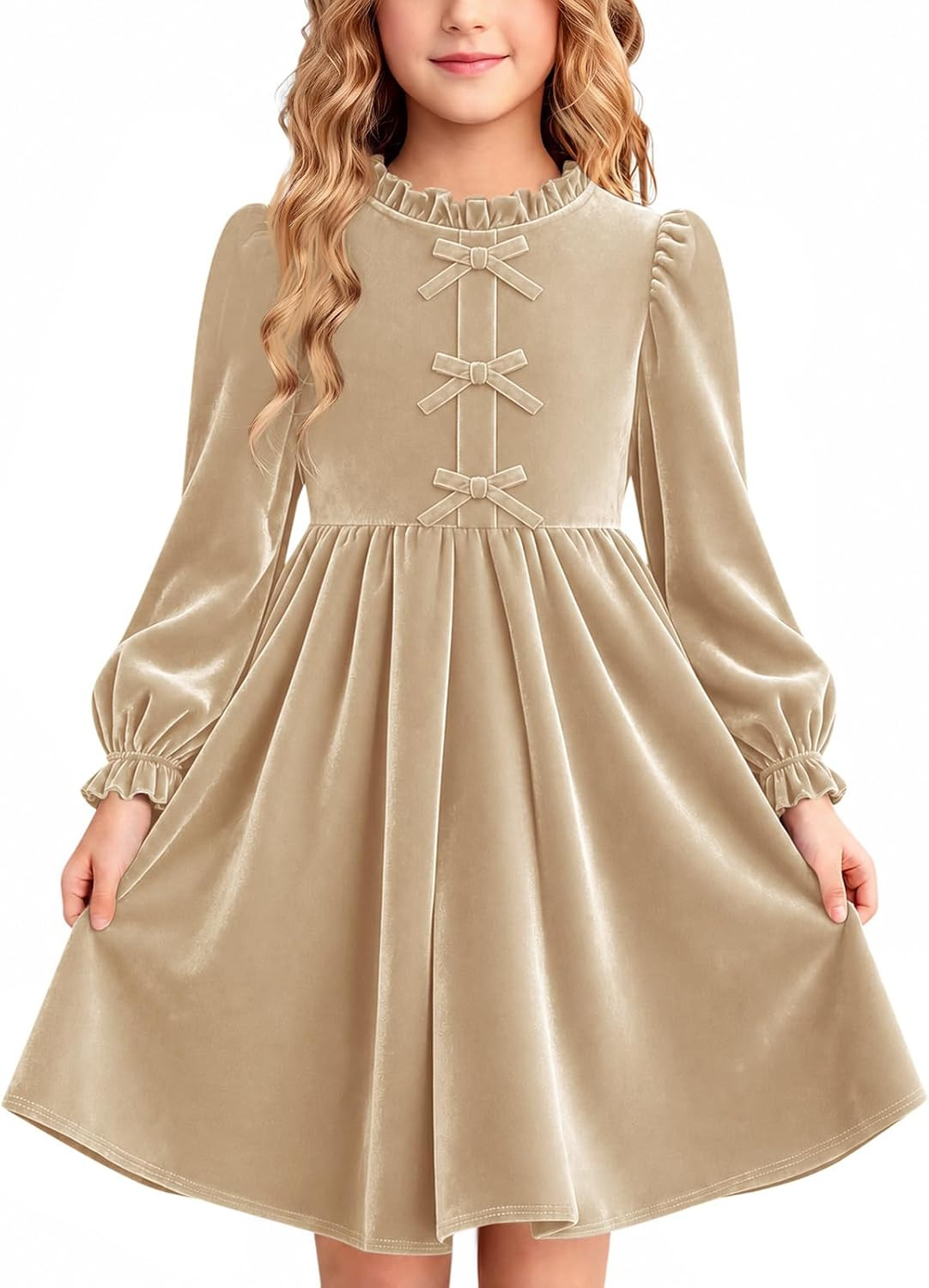 Haloumoning Girls Velvet Long Sleeve Dress Ruffled A-Line Party Dresses | Amazon (US)