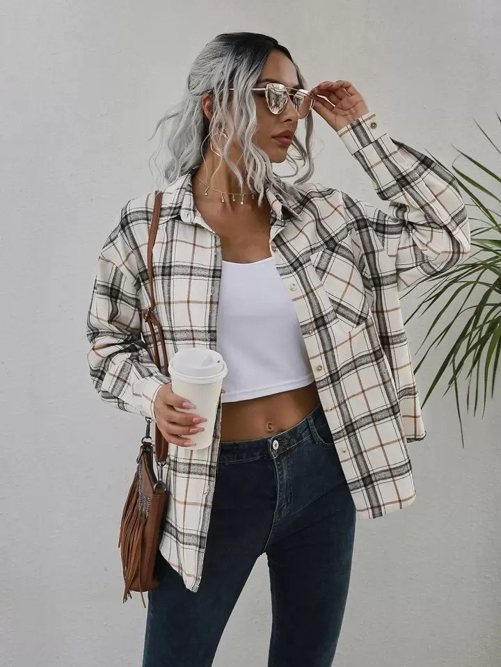 SHEIN Frenchy Plaid Patched Pocket Drop Shoulder Coat | SHEIN