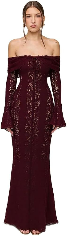 Women's lace Off the Shoulder Evening Dress 2024 Black Mermaid Cocktail Wedding Party Maxi Dress | Amazon (US)