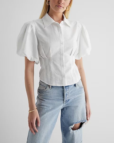 Linen-Blend Puff Sleeve Corset Button Up Shirt | Express