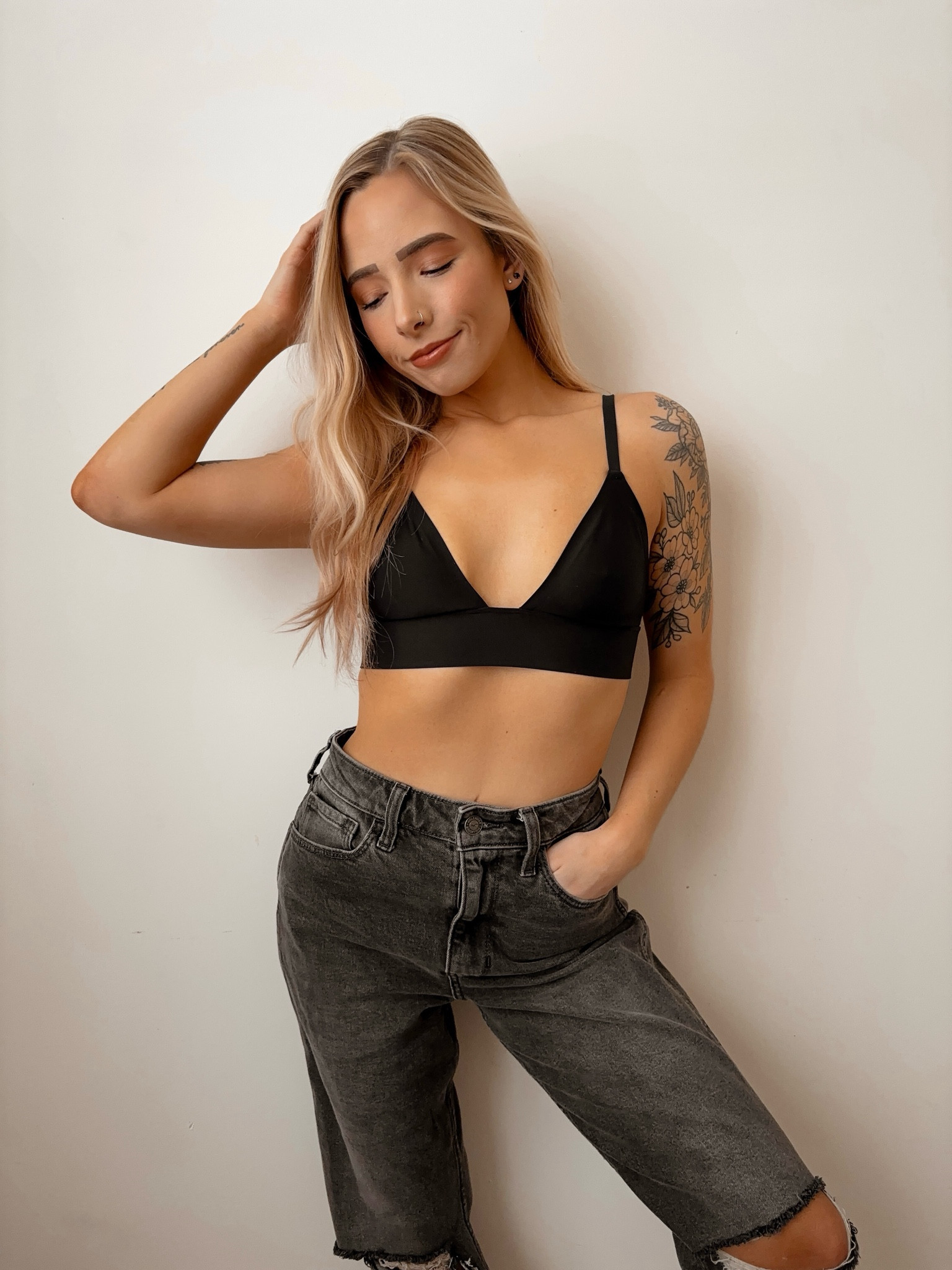 Black Longline Triangle Bralette, Everyday Bra, Black Bralette, Parade Bralette, Loungewear, Mom Jeans, Black Mom Jeans, Washed Black Mom Jeans, Petite Style

#LTKsalealert #LTKstyletip