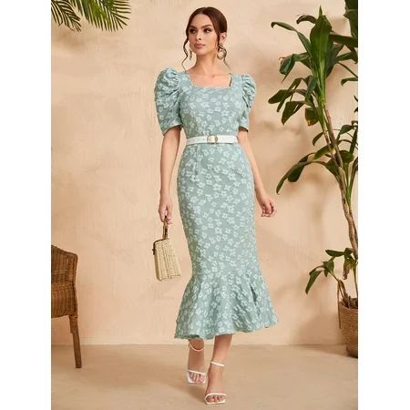 Mint Green Women s Floral Print Puff Sleeve Dress Without Belt 2022 Elegant XS(2) S049D | Walmart (US)