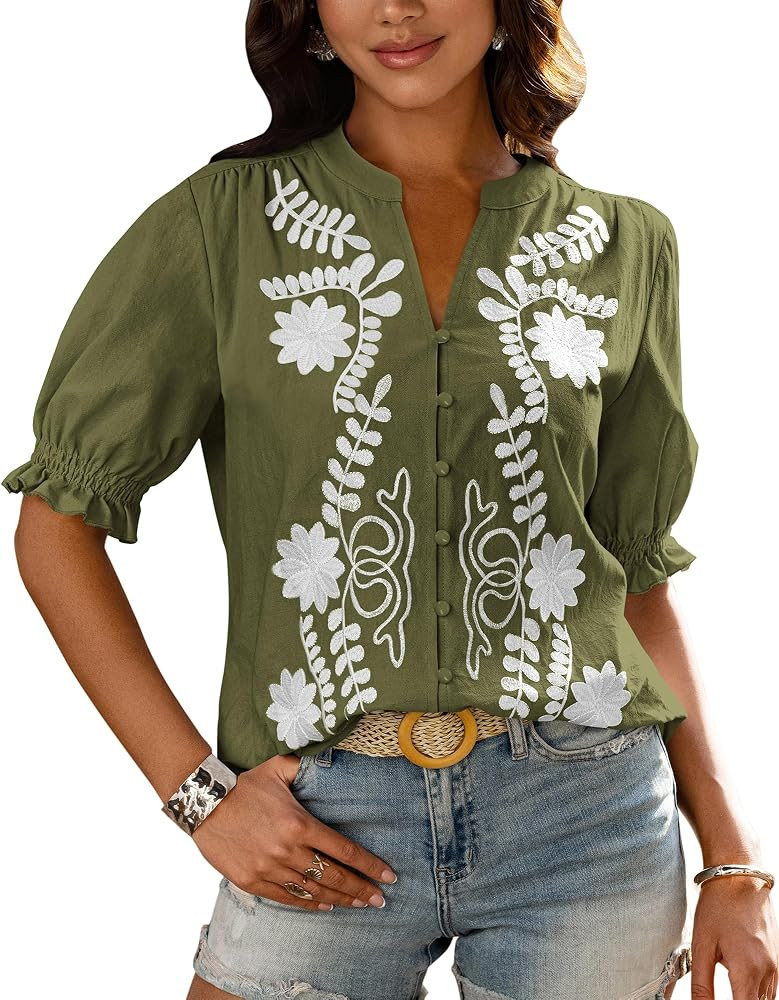 BTFBM Women's 2026 Summer Tops Dressy Casual Floral Boho Embroidered Blouse | Amazon (US)