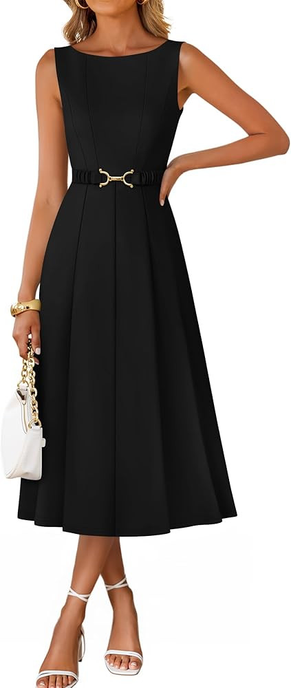 ZESICA Women Summer Sleeveless Midi Dresses 2026 Elegant Boat Neck A Line Tie Waist Spring Cockta... | Amazon (US)