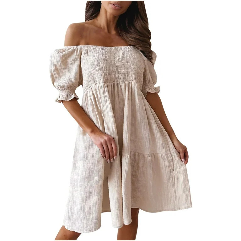 Off Shoulder Dress for Women Short Sleeve Ruffle Boho Dress Solid Color Summer Casual Loose Flowy... | Walmart (US)