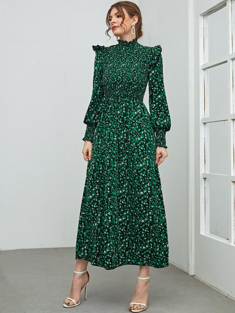 Leopard Print Shirred Ruffle Trim Bishop Sleeve Dress | SHEIN