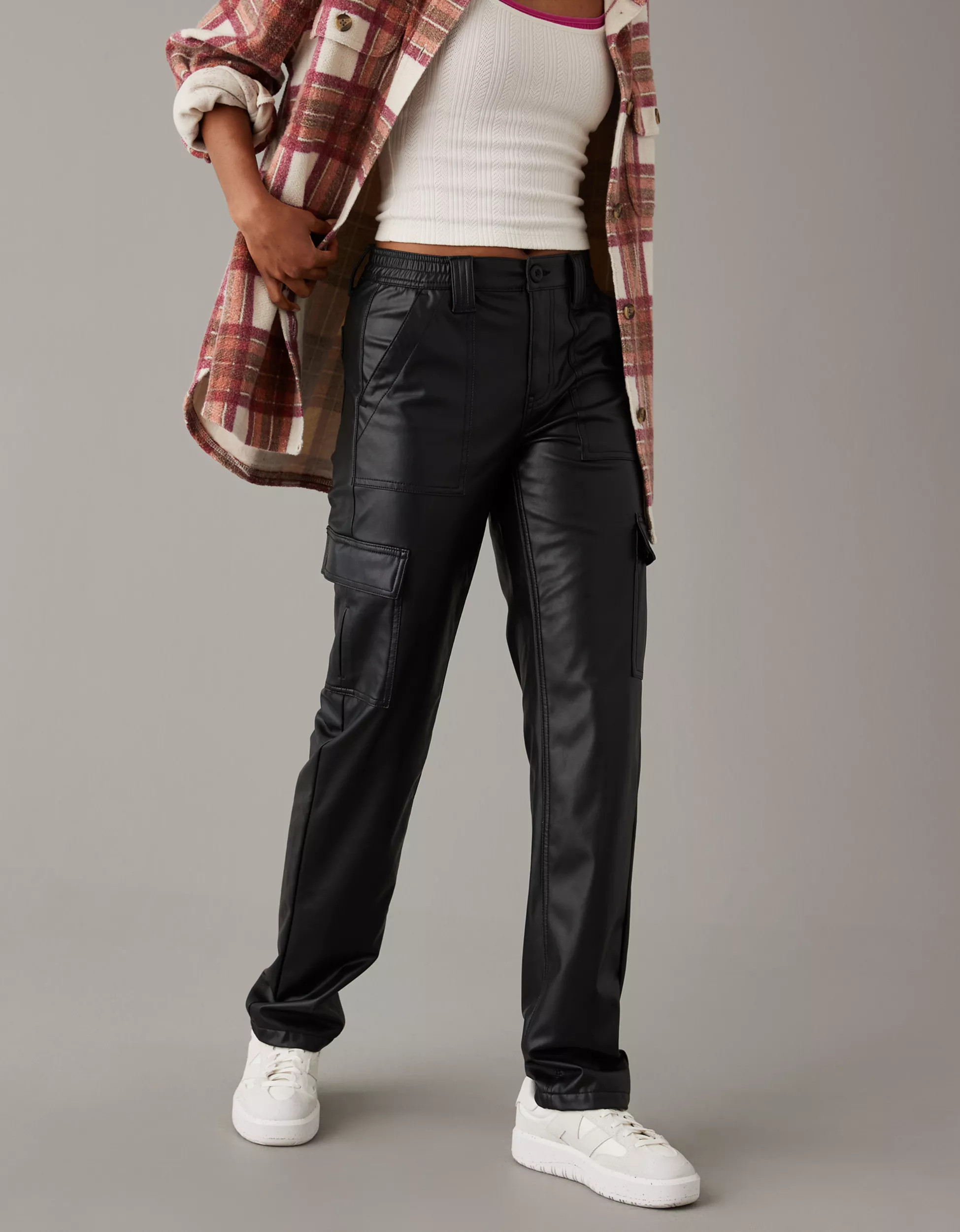 AE Stretch High-Waisted Vegan Leather Straight Cargo Pant | American Eagle Outfitters (US & CA)
