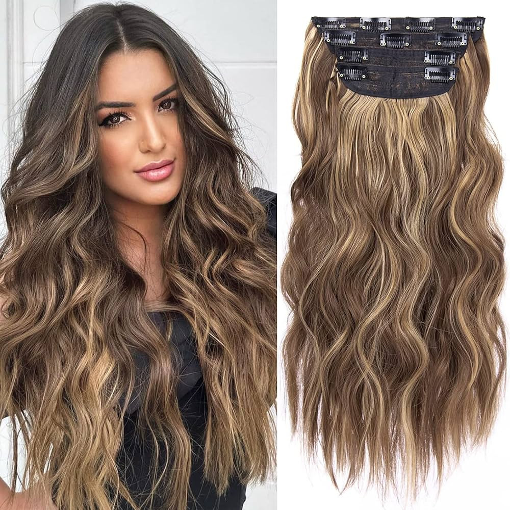 4PCS Clip in Hair Extensions Honey Blonde Mixed Light Brown 20 Inch Long Wavy Synthetic Hair Exte... | Amazon (US)