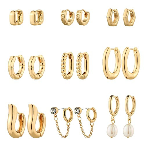 9 Pairs Gold Chunky Hoop Earrings Set for Women, 14K Gold Plated Twisted Huggie Hoop Earring Hypoallergenic, Lightweight Thick Open Hoops Earrings Jewelry Gifts. (C-9 Gold Hoop Earrings) | Amazon (US)