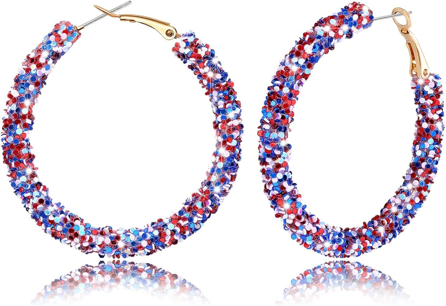 Glittering 4th of July Earrings American Patriotic Hoop Earrings for Women Girls Independence Day... | Amazon (US)