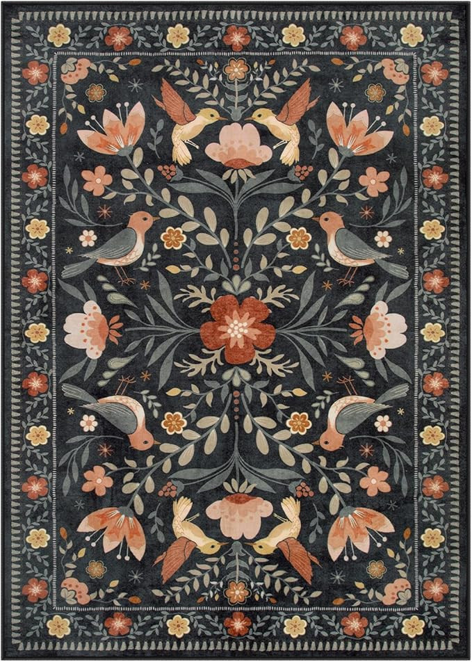 Moynesa Boho Bird 5x7 Area Rugs for Living Room, Black Floral Living Room Rug 5x7 Washable Low-Pi... | Amazon (US)