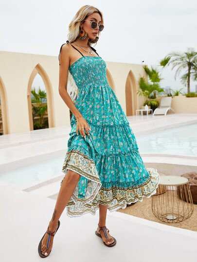 Floral Knot Shoulder Shirred Cami Dress | SHEIN USA | SHEIN
