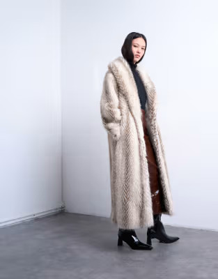 Topshop faux fur shawl longline coat in white stripe | ASOS | ASOS (Global)