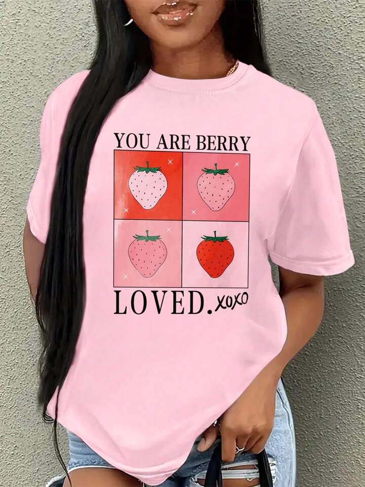 Strawberry & Slogan Printed Short Sleeve T-Shirt | SHEIN