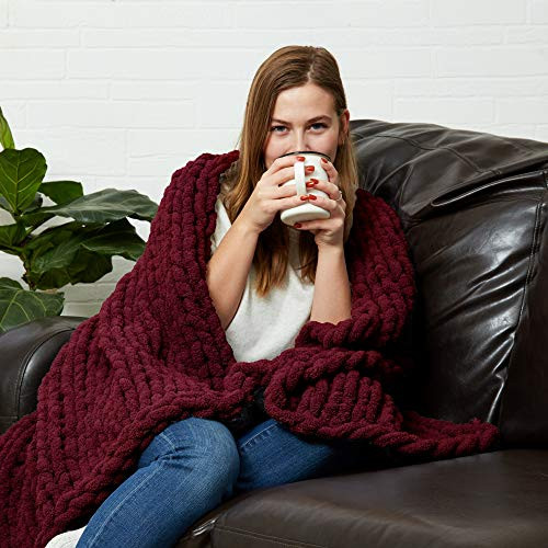 Sterling Letter Chunky Knit Throw Blanket - 40" x 48" - Handwoven - Gorgeous Braided - Breathable - Chenille Yarn - Cozy Blanket - Modern Bedding - Soft Blankets - Bedroom Decor (Cranberry Wine Red) | Amazon (US)