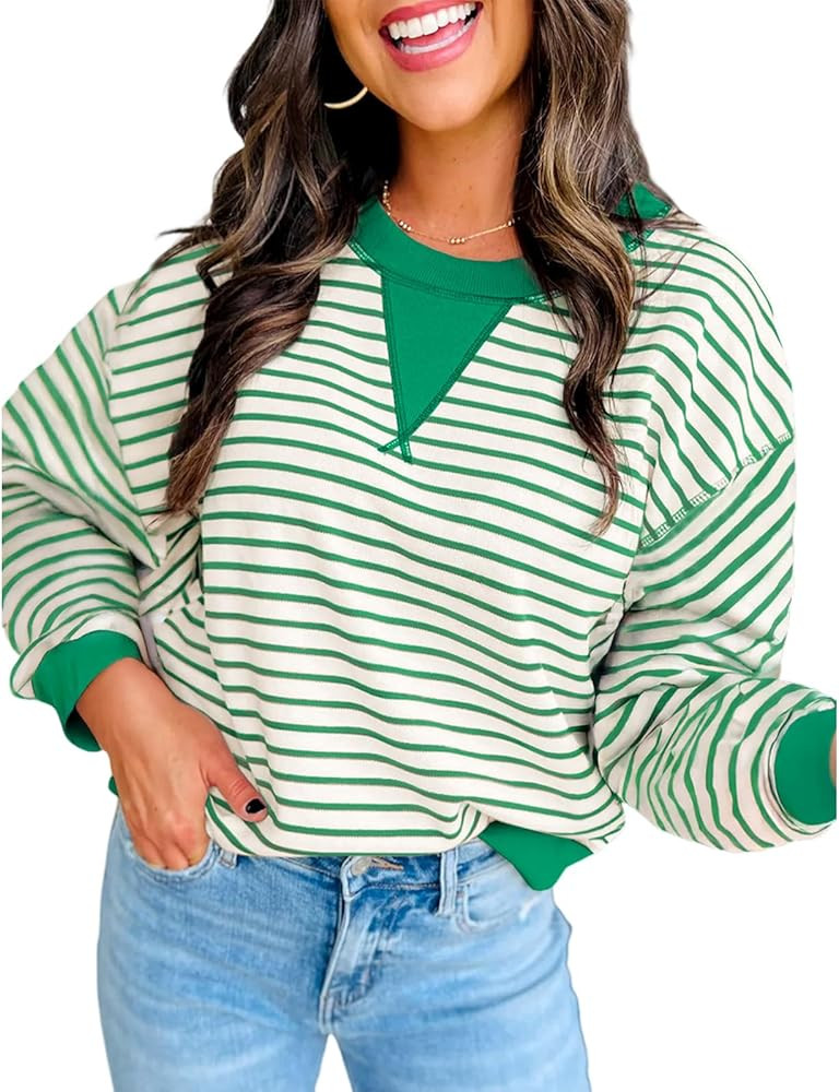 Women's Summer Striped Ruffle Short Sleeve Tops Contrast Colorblock 2025 Round Neck Loose Fit Cut... | Amazon (US)