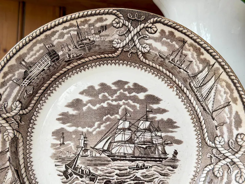 Antique Worn GL Ashworth & Bros AMERICAN MARINE Brown Ironstone Transferware Dinner Plate Nautica... | Etsy (Global)
