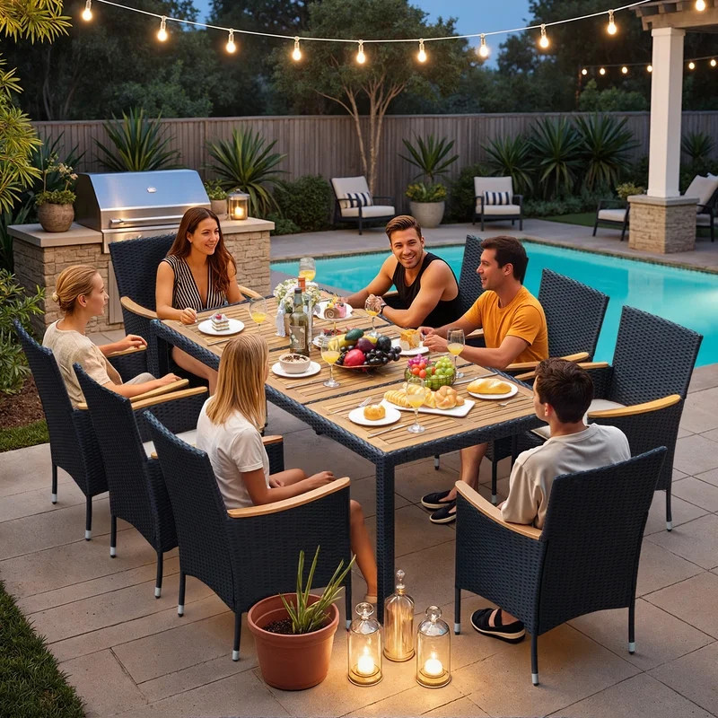Lacoo 9 Pieces Patio Furniture Set with Acacia Wood Tabletop and Rattan Chairs, Outdoor Dining Ta... | Walmart (US)